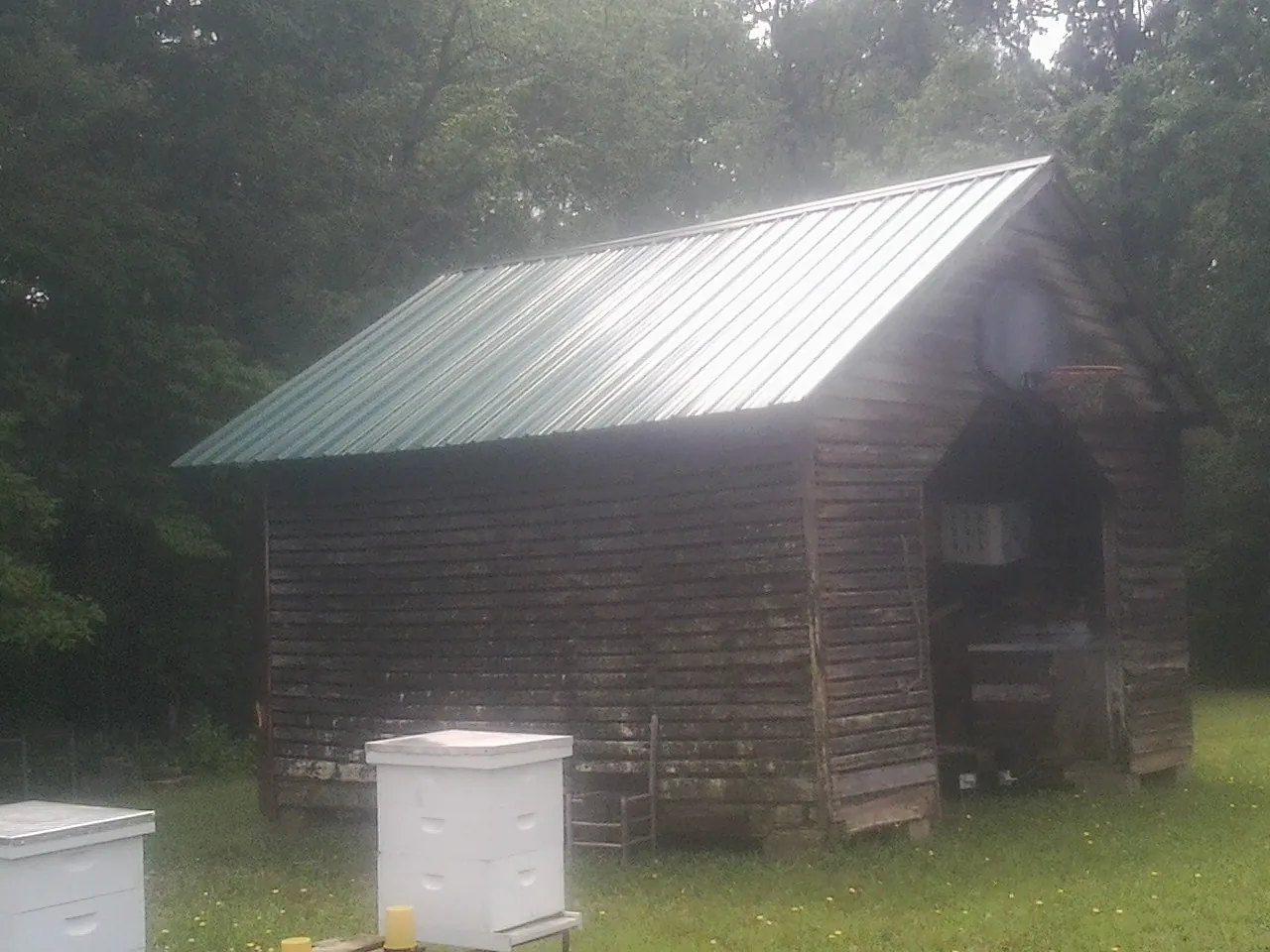 Green metal roof on a weathered barn beside stacked beehives in Carbondale