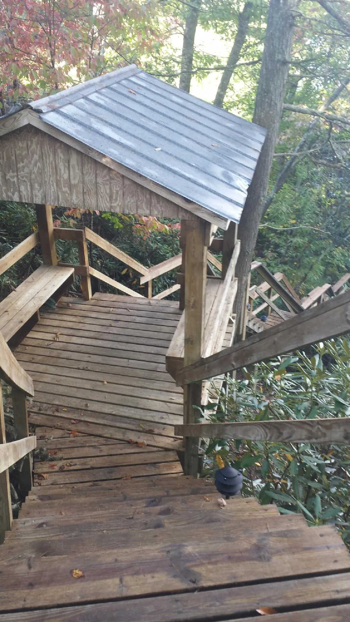 Metal roofed shelter over wooden steps on a wooded walkway — Skylight Repair & Installation work by our crew in Carbondale